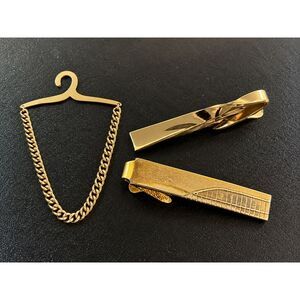 Vintage Men's Tie Accessories Lot of 3 Gold Tone Tie Clip Tie Chain Hickok
